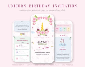 Interaktive Website für Einhorn-Geburtstagseinladungen | Personalisierte digitale Partyeinladung mit Antwortmöglichkeit und Countdown | Rosa-florales Einhorn-Design