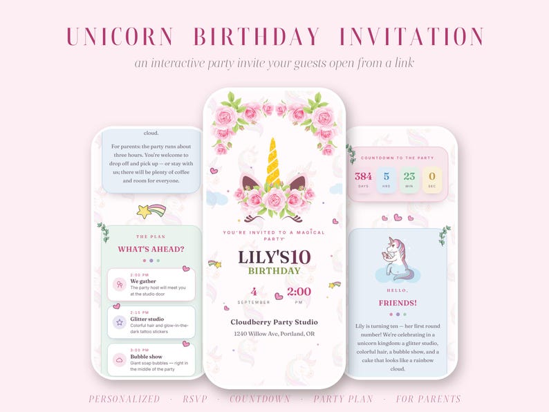 Invitación de cumpleaños de unicornio interactiva / Invitación digital personalizada con confirmación de asistencia y cuenta regresiva / Tema de unicornio floral rosa imagen 1