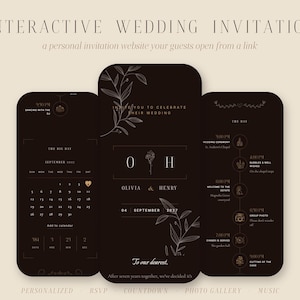 Interaktive Website für Hochzeitseinladungen | Personalisierte digitale Einladung mit Antwortmöglichkeit, Countdown und Fotogalerie | Elegantes, dunkles botanisches Design Bild 1