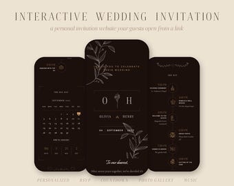 Interaktive Website für Hochzeitseinladungen | Personalisierte digitale Einladung mit Antwortmöglichkeit, Countdown und Fotogalerie | Elegantes, dunkles botanisches Design