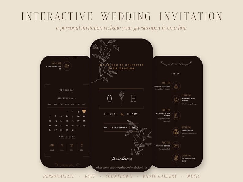 Interaktive Website für Hochzeitseinladungen | Personalisierte digitale Einladung mit Antwortmöglichkeit, Countdown und Fotogalerie | Elegantes, dunkles botanisches Design Bild 1