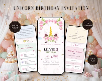 Site de convites de aniversário com tema de unicórnio | Convite interativo para festa com estampa floral rosa (digital)