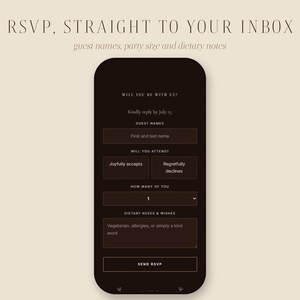 Interaktive Website für Hochzeitseinladungen | Personalisierte digitale Einladung mit Antwortmöglichkeit, Countdown und Fotogalerie | Elegantes, dunkles botanisches Design Bild 5