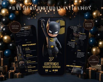 Bat Hero Birthday Invitation Website | Animated Video Invite with RSVP, Countdown | Night City Kids Party Link