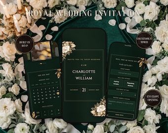 Site de convites de casamento verde esmeralda | Convite digital interativo com confirmação de presença e contagem regressiva | Molduras douradas, 5 cores