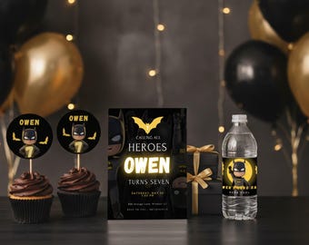 Bat Hero Party Kit Editable Canva Template | Superhero Birthday Party Decor Bundle | Invitation Toppers Bottle Labels Printable Download
