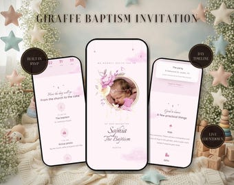 Giraffe Baptism Invitation Website | Interactive Christening Invite with RSVP, Countdown | Soft Yellow Watercolor