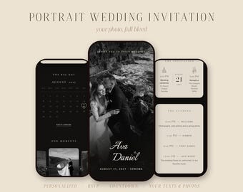 Sitio web de invitación de boda con foto / Invitación digital interactiva con confirmación de asistencia, cuenta regresiva / Tu retrato a pantalla completa, moderno