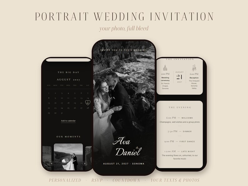 Photo Wedding Invitation Website | Interactive Digital Invite with RSVP, Countdown | Your Portrait Full Screen, Modern image 1