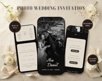 Site de convite de casamento com foto | Convite digital interativo com confirmação de presença e contagem regressiva | Seu retrato em tela cheia, moderno