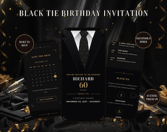 Black Tie Birthday Invitation Website | Interactive Milestone Dinner Invite with RSVP, Countdown | Formal, 3 Colors