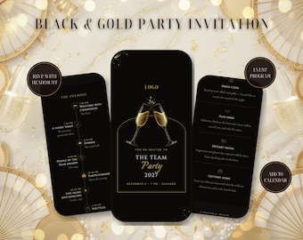 Sitio web de invitación a la fiesta de la empresa / Invitación interactiva a eventos corporativos con confirmación de asistencia, cuenta regresiva y programa. Gala con champán / Negro y dorado