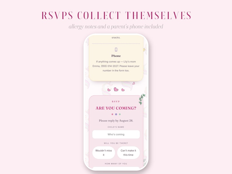 Invitación de cumpleaños de unicornio interactiva / Invitación digital personalizada con confirmación de asistencia y cuenta regresiva / Tema de unicornio floral rosa imagen 4