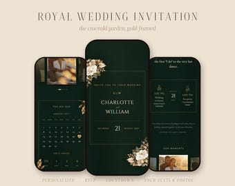 Invitación de boda verde esmeralda en sitio web / Invitación digital interactiva con confirmación de asistencia, cuenta regresiva / Marcos dorados, 5 colores