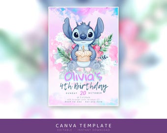 Island Friend Birthday Invitation Editable Canva Template | Blue Alien Girl Birthday Invite | Printable A5 Digital Instant Download