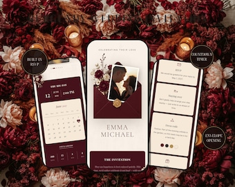 Burgundy Wedding Invitation Website | Interactive Digital Invite with RSVP, Countdown | Wine Florals & Wax Seal Envelope
