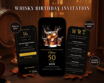Whisky Birthday Invitation Website | Interactive 40th 50th 60th Invite with RSVP, Countdown | For Him, 4 Colors