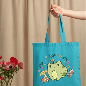 Mushroom Froggy Tote Bag, Cute Frog Canvas Tote Bag, Frog Lover Gift, Playful Frog and Mushroom Bag, Nature Lovers and Animal Fans Tote Bag