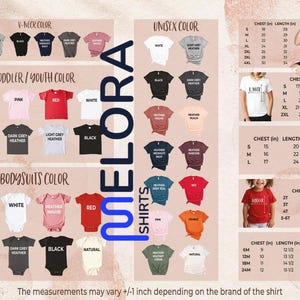 May include: A product catalog for Elora Shirts, featuring various t-shirt styles and colors. Includes V-neck, unisex, toddler, youth, and bodysuit options. Size charts with chest and length measurements in inches are also displayed.