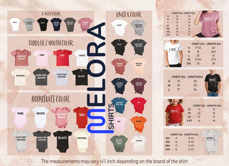 May include: A product catalog for Elora Shirts, featuring various t-shirt styles and colors. Includes V-neck, unisex, toddler, youth, and bodysuit options. Size charts with chest and length measurements in inches are also displayed.