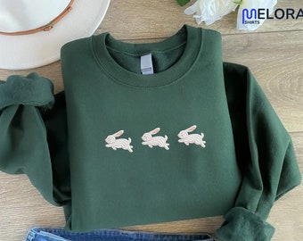 Embroidered Bunnies Sweatshirt, Christmas Rabbit Embroidery Sweater,Cute Bunny Rabbits Sweatshirt,White Rabbits Tee,Women Holiday Funny Gift