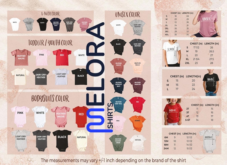 Puede incluir: Cat&aacute;logo de productos de Elora Shirts, con varios estilos y colores de camisetas. Incluye opciones de cuello en V, unisex, para ni&ntilde;os peque&ntilde;os, j&oacute;venes y bodies. Se muestran tablas de tallas con medidas de pecho y largo en pulgadas.