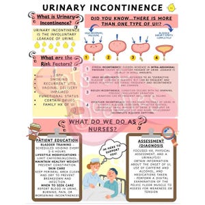 Könnte beinhalten: Infografik zum Thema Harninkontinenz, die Risikofaktoren, Arten und pflegerische Maßnahmen erläutert. Enthält Diagramme der Blase und Text zur Erklärung des Zustands und der Behandlungsstrategien.