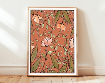 Rust Floral Wall Art Print | Hand-Drawn Botanical Illustration with Watercolor Texture