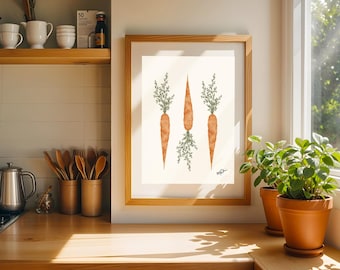 Trío de zanahorias caprichosas / Lámina minimalista de verduras / Decoración de cocina rústica / Arte mural inspirado en el jardín
