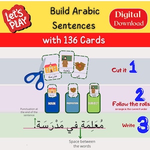 May include: Educational digital download for building Arabic sentences. The image shows a step-by-step guide with cards, scissors, and instructions. The text includes "Build Arabic Sentences with 136 Cards" and "Digital Download."
