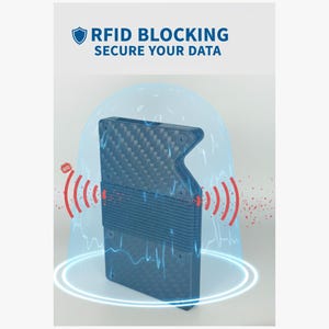 May include: A blue RFID blocking wallet with a carbon fiber texture. The wallet is surrounded by a blue and white graphic with the text "RFID Blocking Secure Your Data".