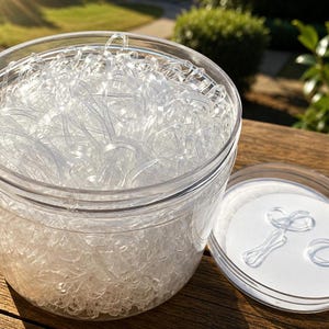 Op de afbeelding: Een cilindervormige houder van doorzichtig plastic gevuld met een grote hoeveelheid kleine, transparante haarelastiekjes. De houder heeft een bijpassend doorzichtig plastic deksel dat ernaast ligt, met twee extra elastiekjes bovenop.