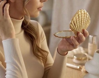 Espejo de bolsillo dorado con concha marina, espejo compacto, regalo personalizado para ella