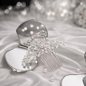 Compact Mirror with Crystal Hair Comb, Bridal Accessory