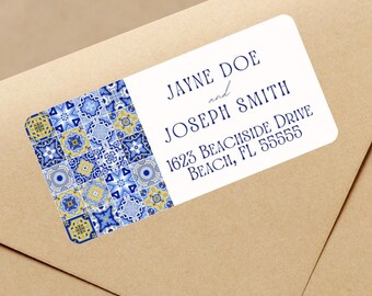 Italian Tile Return Address Stickers – Editable Canva Template, Blue and Yellow Positano Design for Wedding & Event Envelopes