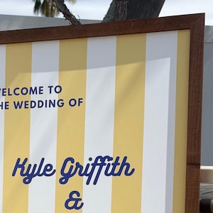 Yacht Club Wedding Welcome Sign Download– Italian Lemon Theme, Yellow Stripes, Blue Text, Customizable Canva Template