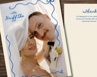 Wedding Thank You Post Card Picture Template – Editable Canva Design with Blue Hand drawn Ribbon Bow, Instant Download