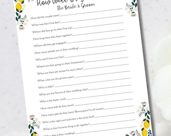 Bride and Groom Trivia Game – Lemon Positano Theme, Bridal Shower Digital Download Template, Fun Wedding Shower Activity