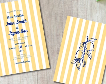 Retro Positano Wedding Invitation Template – Italian Lemon Theme, Yellow Stripes, Blue Text, Customizable Canva Download for Summer Weddings