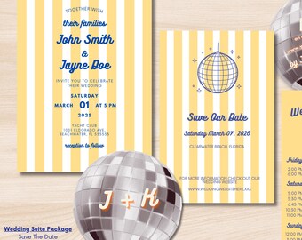 Italian Yacht Club Disco Wedding Invitation Suite –  Digital Template, Invite, Save the Date, RSVP & Details Card