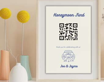 Honeymoon Fund Sign with QR Code – Editable Canva Template, Printable Wedding Reception Sign, Modern Minimalist Gift Table Decor