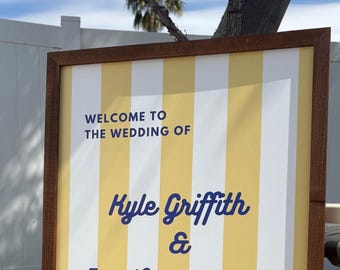 Yacht Club Wedding Welcome Sign Download– Italian Lemon Theme, Yellow Stripes, Blue Text, Customizable Canva Template