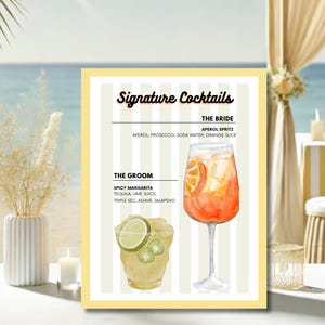 Signature-Hochzeits-Cocktailmenü | Spicy Margarita & Aperol Spritz, anpassbare Canva-Vorlage mit Retro Positano-Thema, gelben Streifen