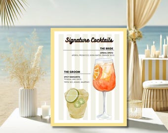 Signature Wedding Cocktails Menu | Spicy Margarita & Aperol Spritz, Customizable Canva Template with Retro Positano Theme, Yellow Stripes