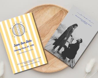 Retro Nautical Save the Date Template – Yellow & White Stripes, Disco Ball, Customizable Canva Download 4x6