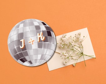 4-Inch Round Disco Ball RSVP Card – Printable Template with Custom Initials, Wedding Website on Back, 4 Per Sheet, Front and Back Design