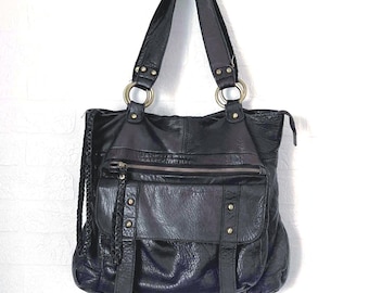 Vintage black tote bag in genuine leather, handcrafted from natural grain leather, Aldo Y2K with premium fringe