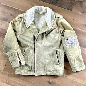 Vintage khaki military-style B-3 cotton and sherpa aviator jacket with zip and patches / distressed