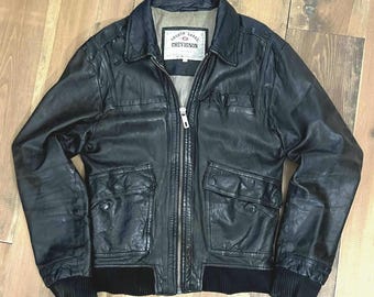 Vintage brown-black genuine leather aviator-style motorcycle jacket by Chevignon / Size Small