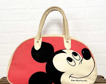 Disney Mickey Mouse bag in distressed cotton, vintage bowling style, beige and red
